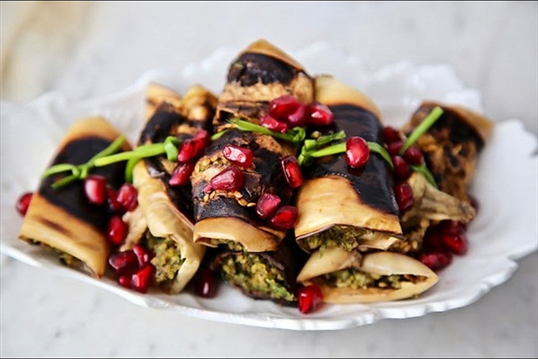 Nigvziani Badrijani Georgian appetizer made with eggplant